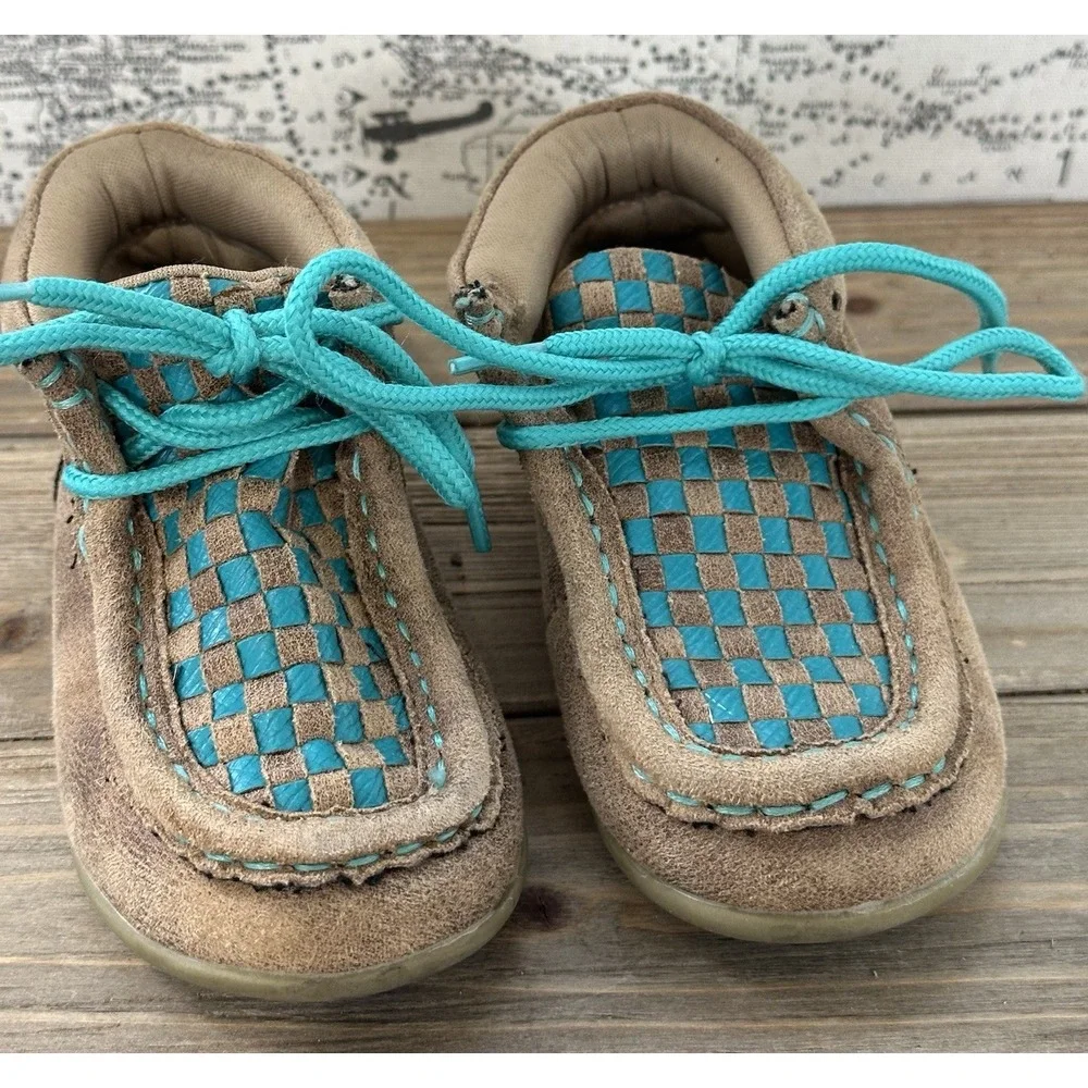 TWISTER Chukka Boots Baby Toddler Sz 5 Basketweave Shoes Camel/Turquoise Boys